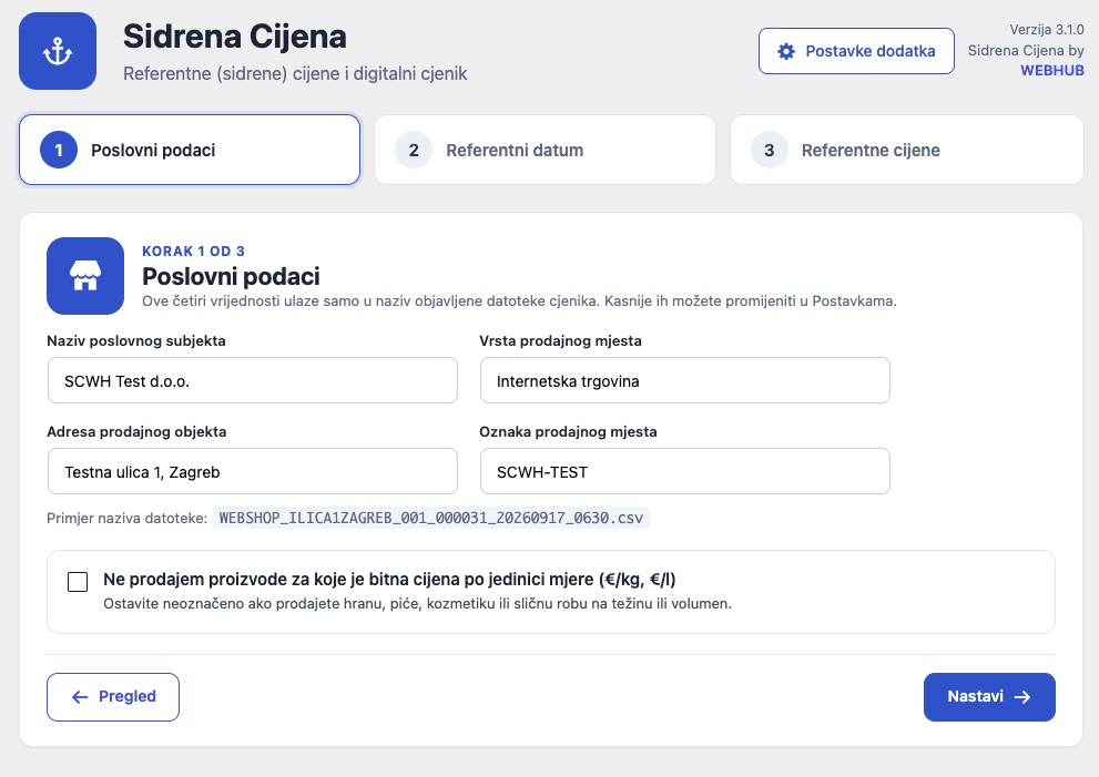 Čarobnjak, korak 1 od 3, Poslovni podaci: naziv poslovnog subjekta, vrsta i adresa prodajnog mjesta, oznaka objekta i primjer naziva datoteke
