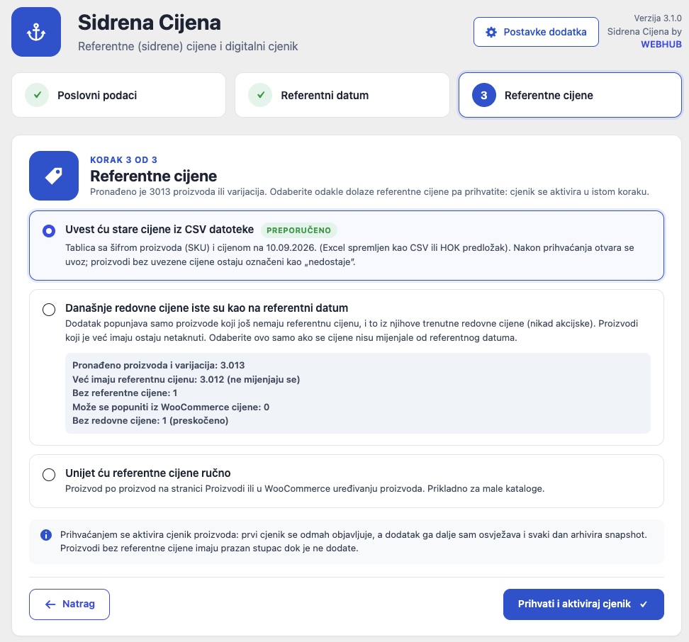 Čarobnjak, korak 3 od 3, Referentne cijene: uvoz iz CSV-a, današnje redovne cijene s brojkama prije upisa ili ručni unos, gumb Prihvati i aktiviraj cjenik