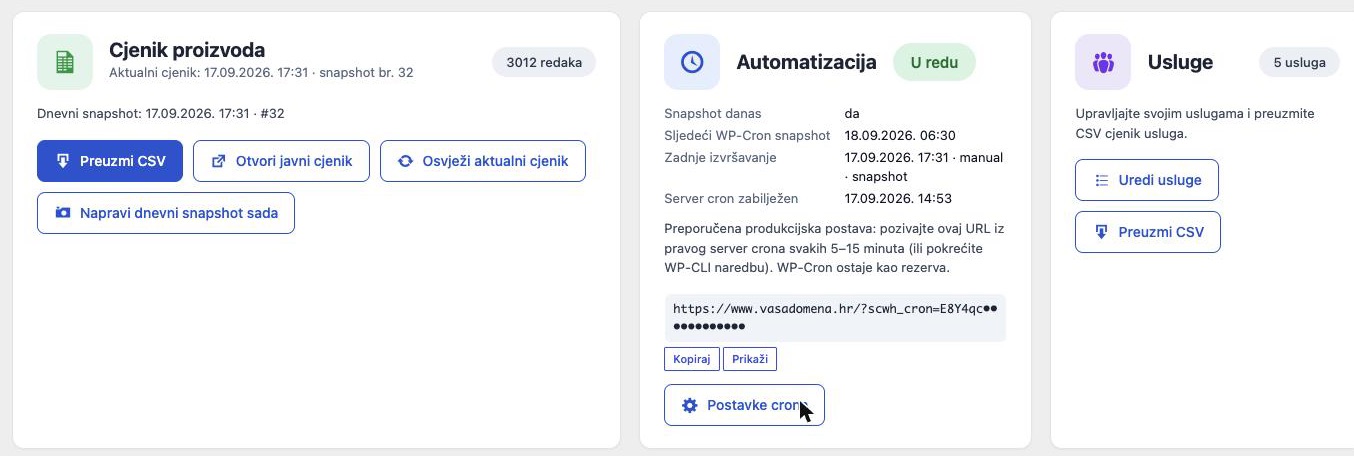 Paneli na Pregledu: Cjenik proizvoda s gumbima Preuzmi CSV, Otvori javni cjenik, Osvježi aktualni cjenik i Napravi dnevni snapshot, Automatizacija u redu, Usluge