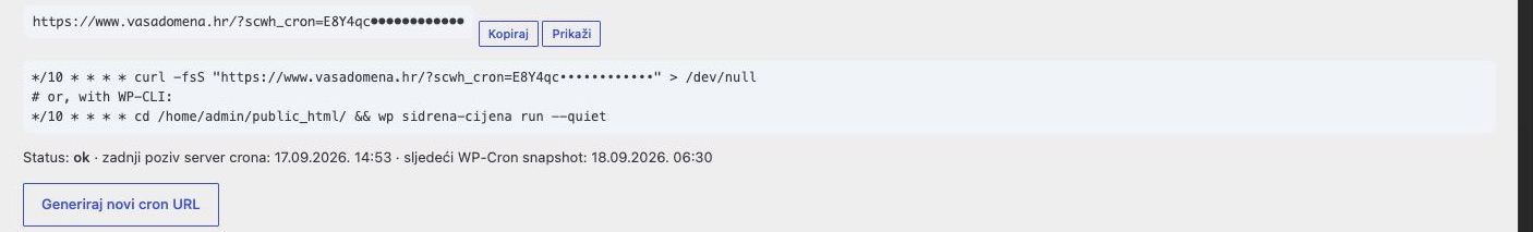 Postavke crona: cron URL s maskiranim tokenom, primjer crontab retka i WP-CLI naredbe