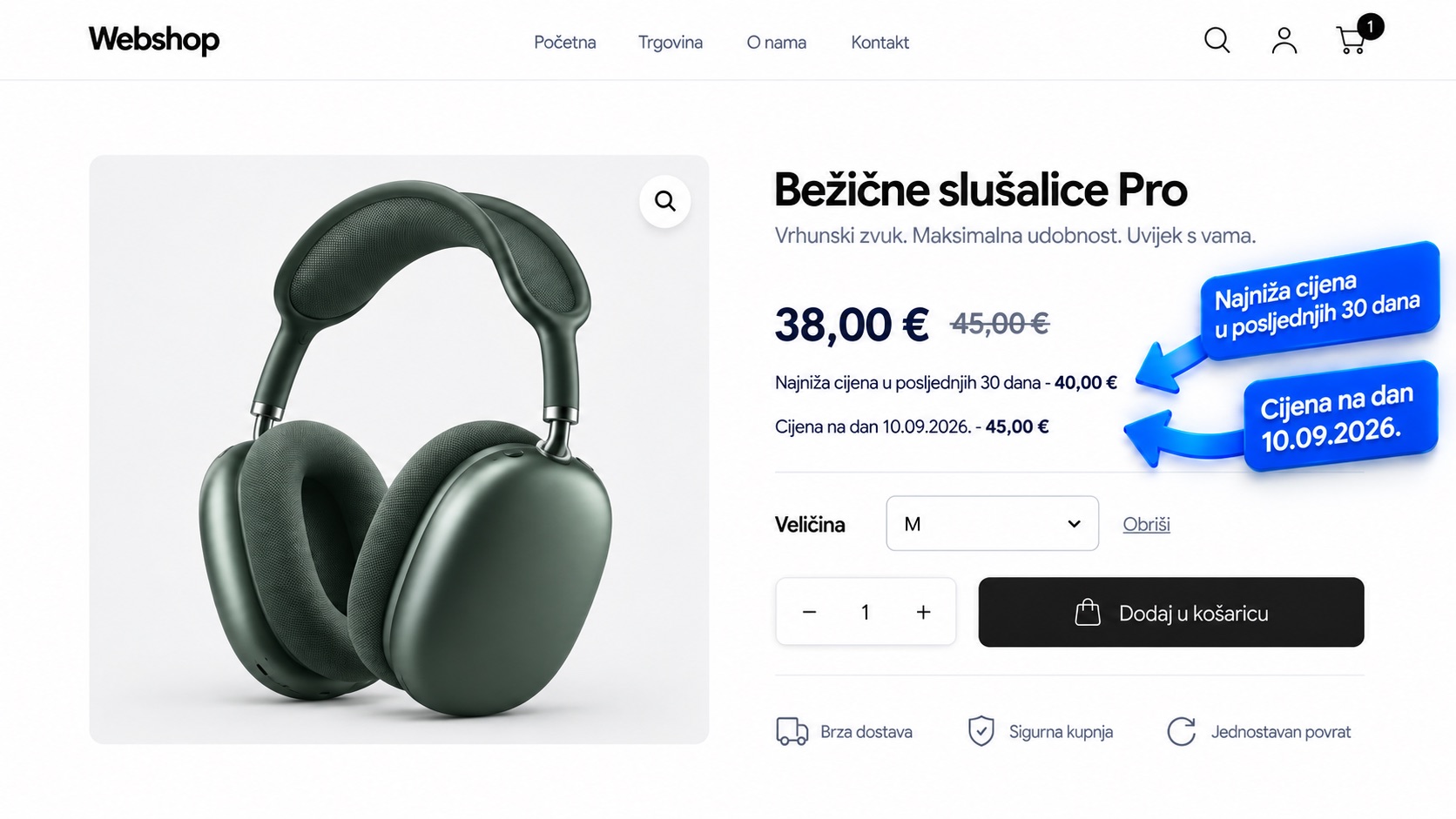 Stranica proizvoda u webshopu: uz cijenu 38,00 € plugin ispisuje redak Najniža cijena u posljednjih 30 dana - 40,00 € i redak Cijena na dan 10.09.2026. - 45,00 €