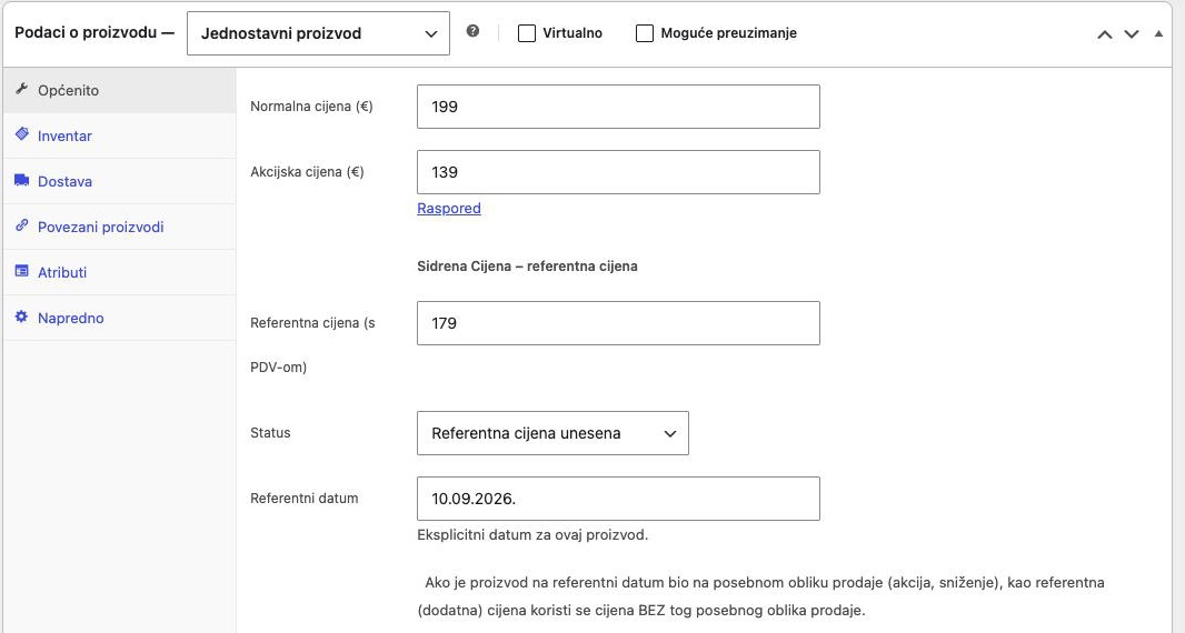 Uređivanje WooCommerce proizvoda: polja plugina Referentna cijena, Status i Referentni datum ispod redovne i akcijske cijene