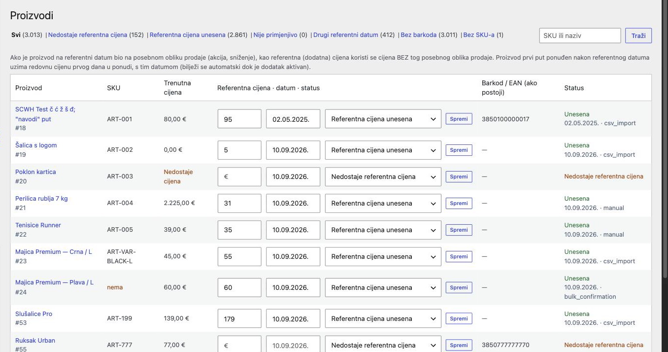 Tablica proizvoda u pluginu: filtri, SKU, trenutna cijena, referentna cijena s datumom i statusom, barkod