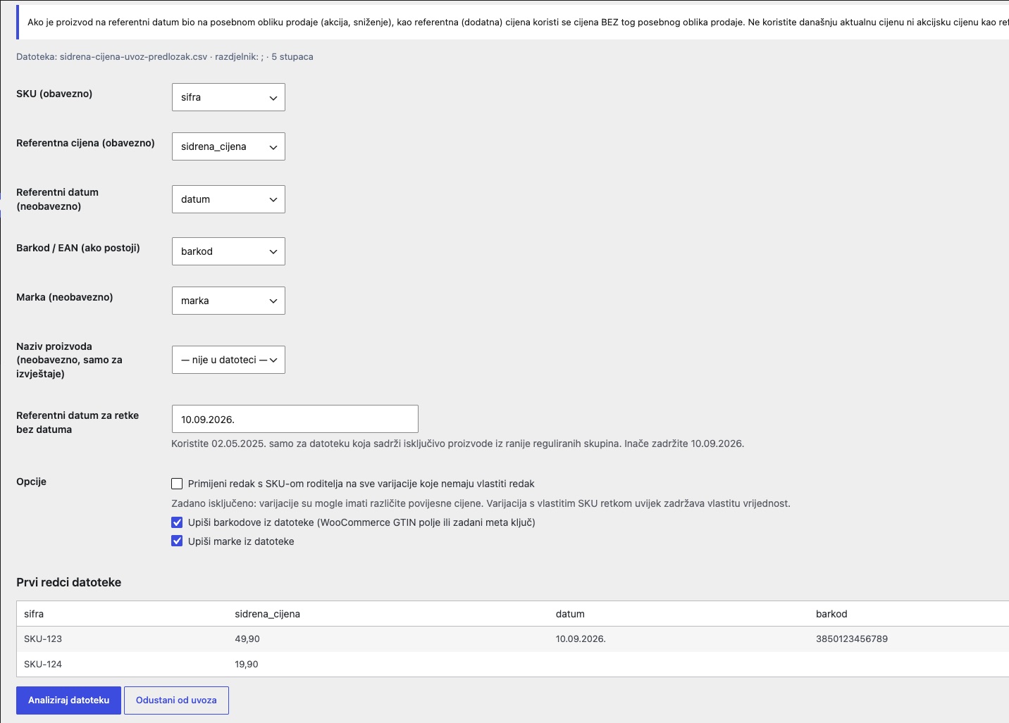 CSV uvoz referentnih cijena, korak 2: automatski mapirani stupci SKU, referentna cijena, datum, barkod i marka, prvi redci datoteke i gumb Analiziraj datoteku